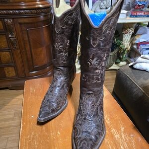 Corral Lizard Inlaid Vintage Embroidered Elegant Brown Leather Heeled Boots 10